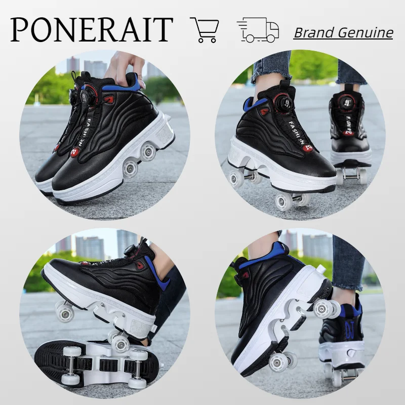 PONERAIT-zapatos de ruedas retráctiles Unisex para adultos, zapatillas de caminar de cuatro ruedas, Parkour, Skate elegante con freno