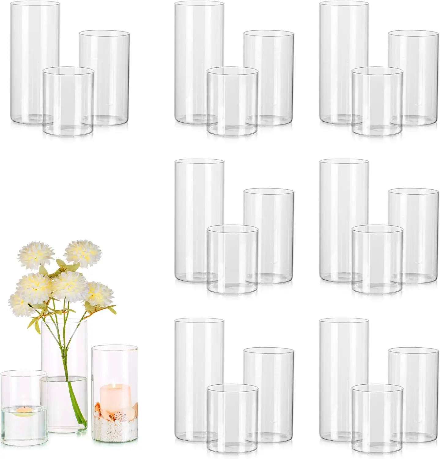 Glass Cylinder Vases Set of 24 Tall Clear Vase for Centerpieces, Glass Hurricane Candle Holders for Pillar or Floating Candles