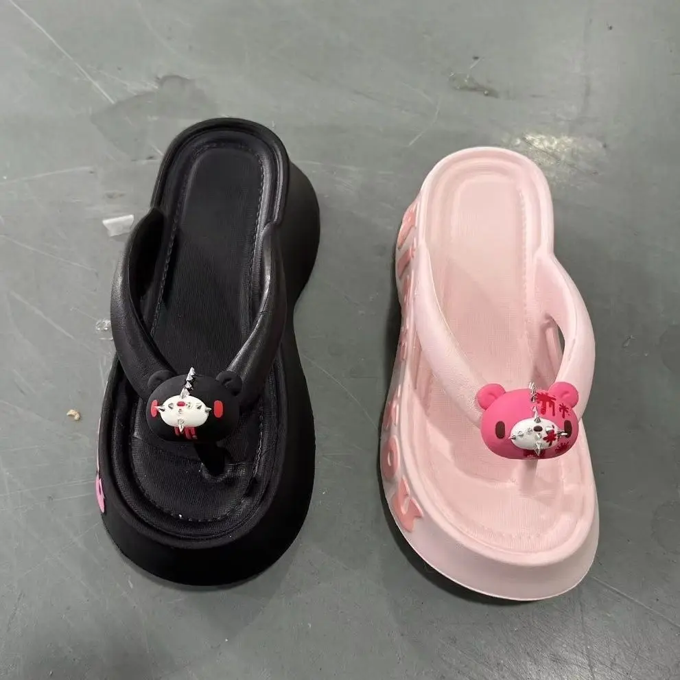 Cute Bear Decor Platform Flip‑flops Women Thick Sole Mismatched Color Summer Beach Non‑slip Outdoor Slippers