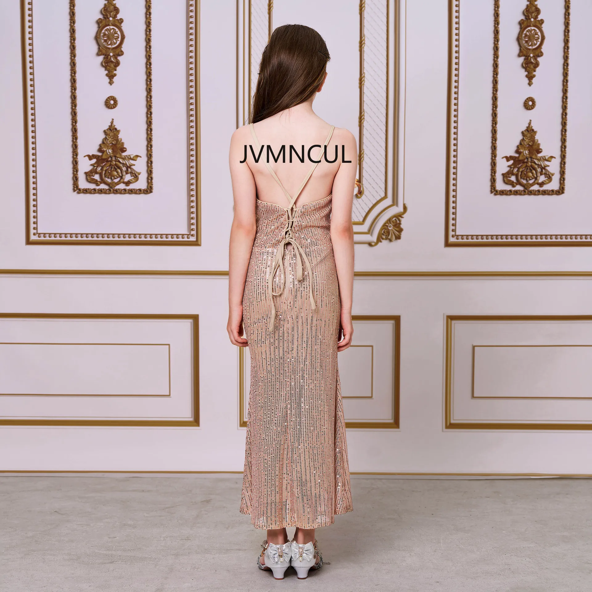 Sparkling Sequin Evening Dress Princess Ball Gown for Children, Europe-America Fashion Show Host Small Strap Performance Gown