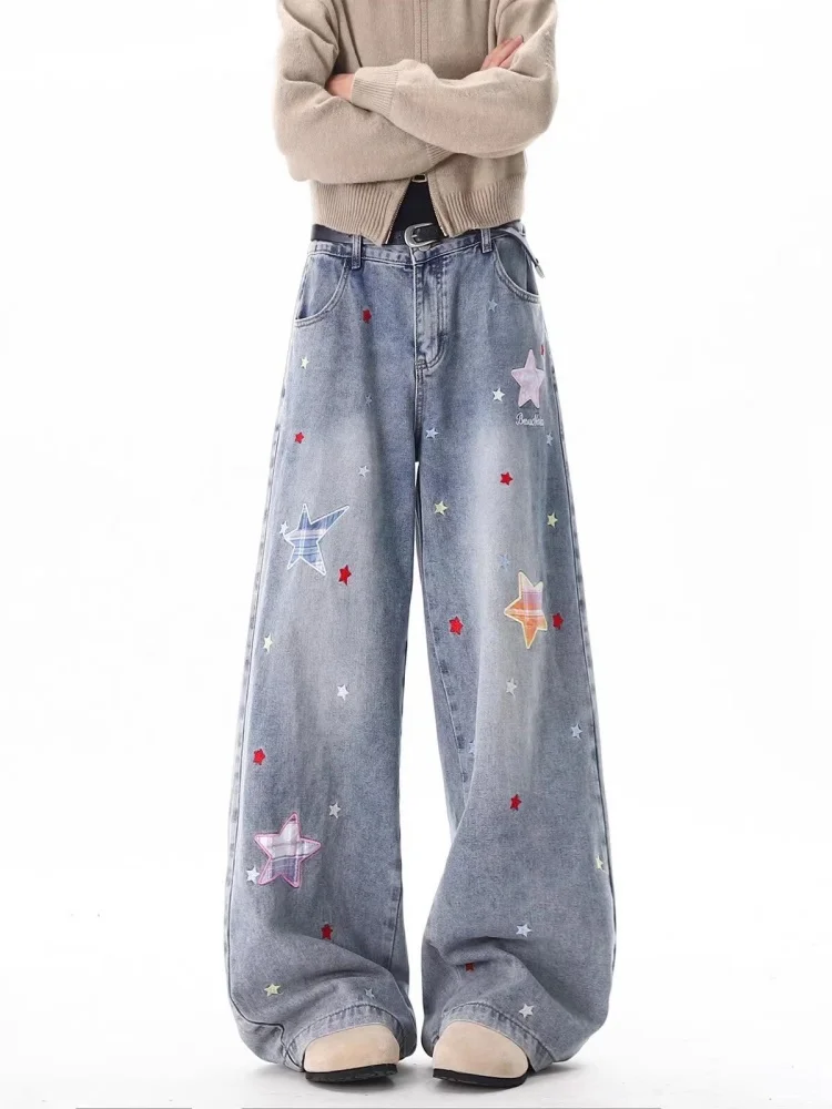

Женские джинсы-багги 2025 Trashy Y2K 2000S с вышивкой в виде звезд, выцветшие синие, повседневные, джинсовые брюки, женская одежда, Ropa Mujer