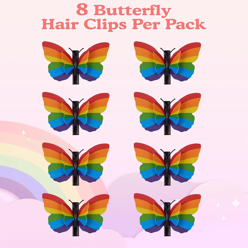 8PCS Foldable Rainbow Butterfly Hair Clips for Pride & LGBTQ Parade - Women & Girls Celebration Accessories