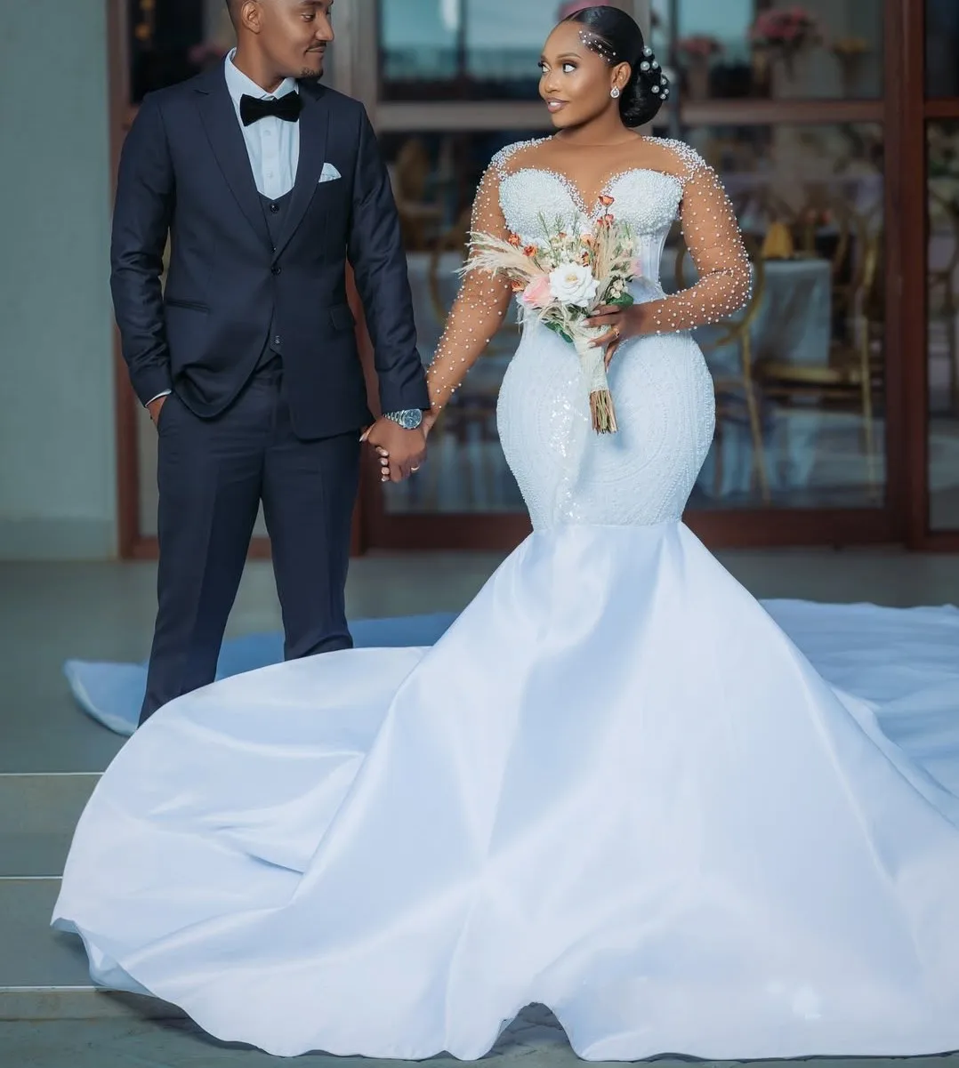 

2026 African Mermaid Wedding Dress Sheer Neck Long Sleeves Beaded Pearls Lace Bridal Gowns For Bride Black Vestidos De Noiva