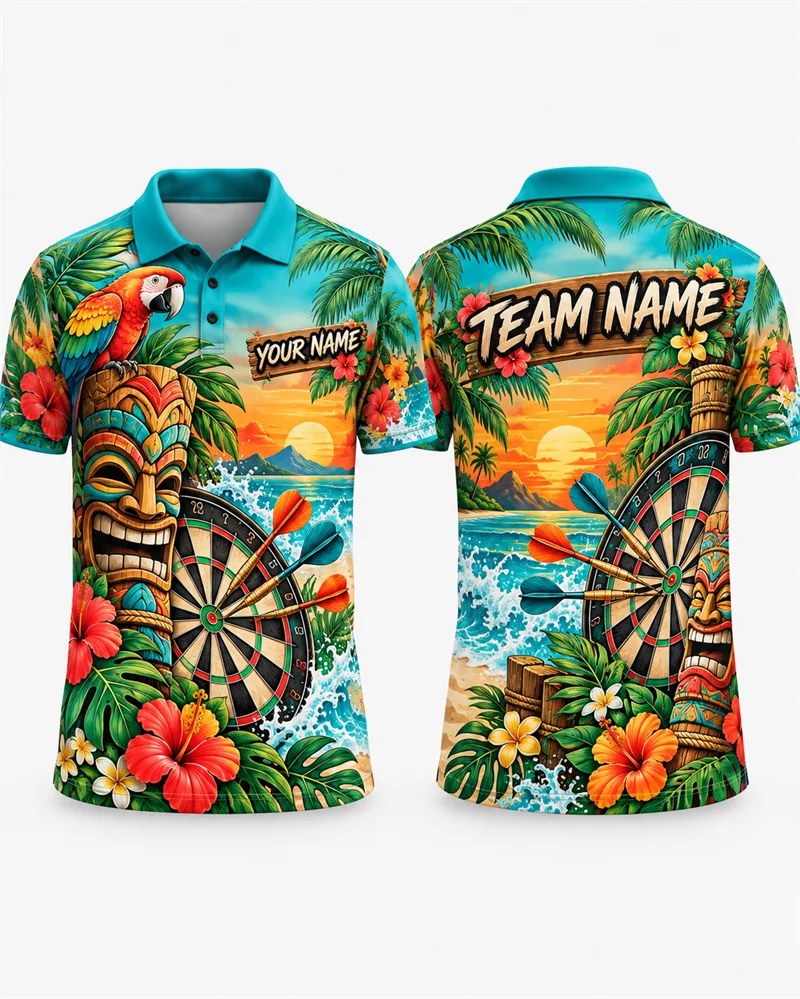 Personalized Darts Polo Shirt Men Team Name Galaxy Wolf Sugar Skull Steampunk Tropical Stag Print Short Sleeve Sports Jersey
