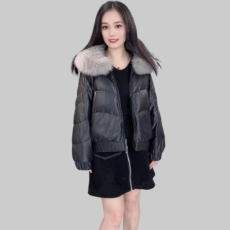 Women's Winter Down Jacket 2024 New Short Style Outerwears Natural Fox Fur Collar White Goose Down Jacket Sheepskin PU Fabric