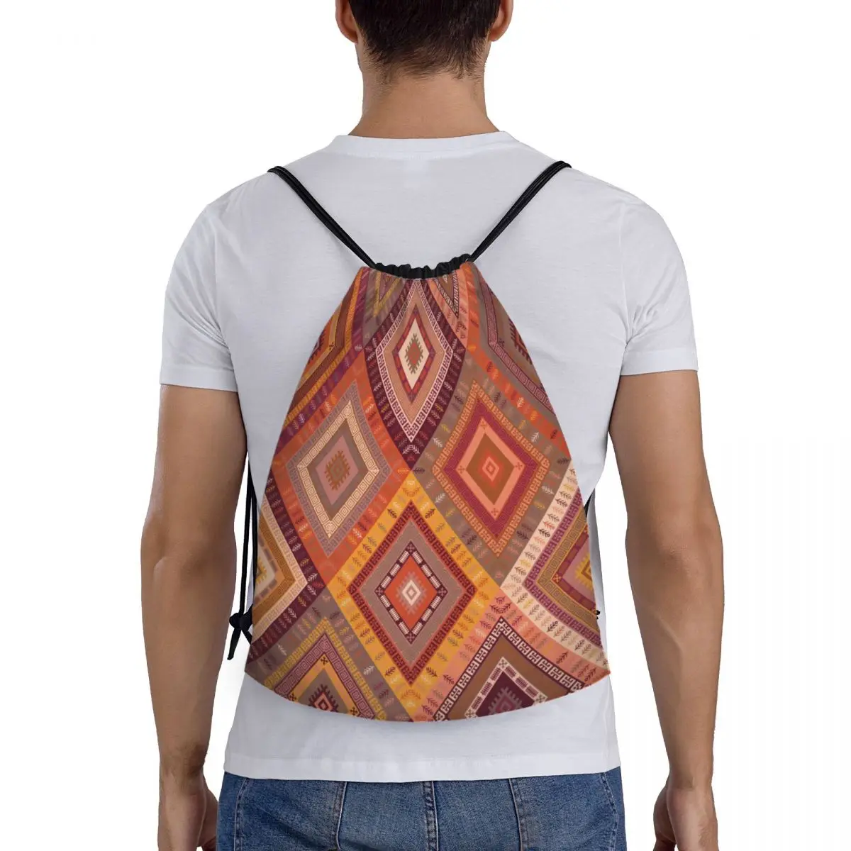 Kilim Diamonds Turkish Ethnic Art Drawstring Backpack Sport Sackpack Foldable Bohemian Persian Tribal Carpet Training Bag Sack - view 5