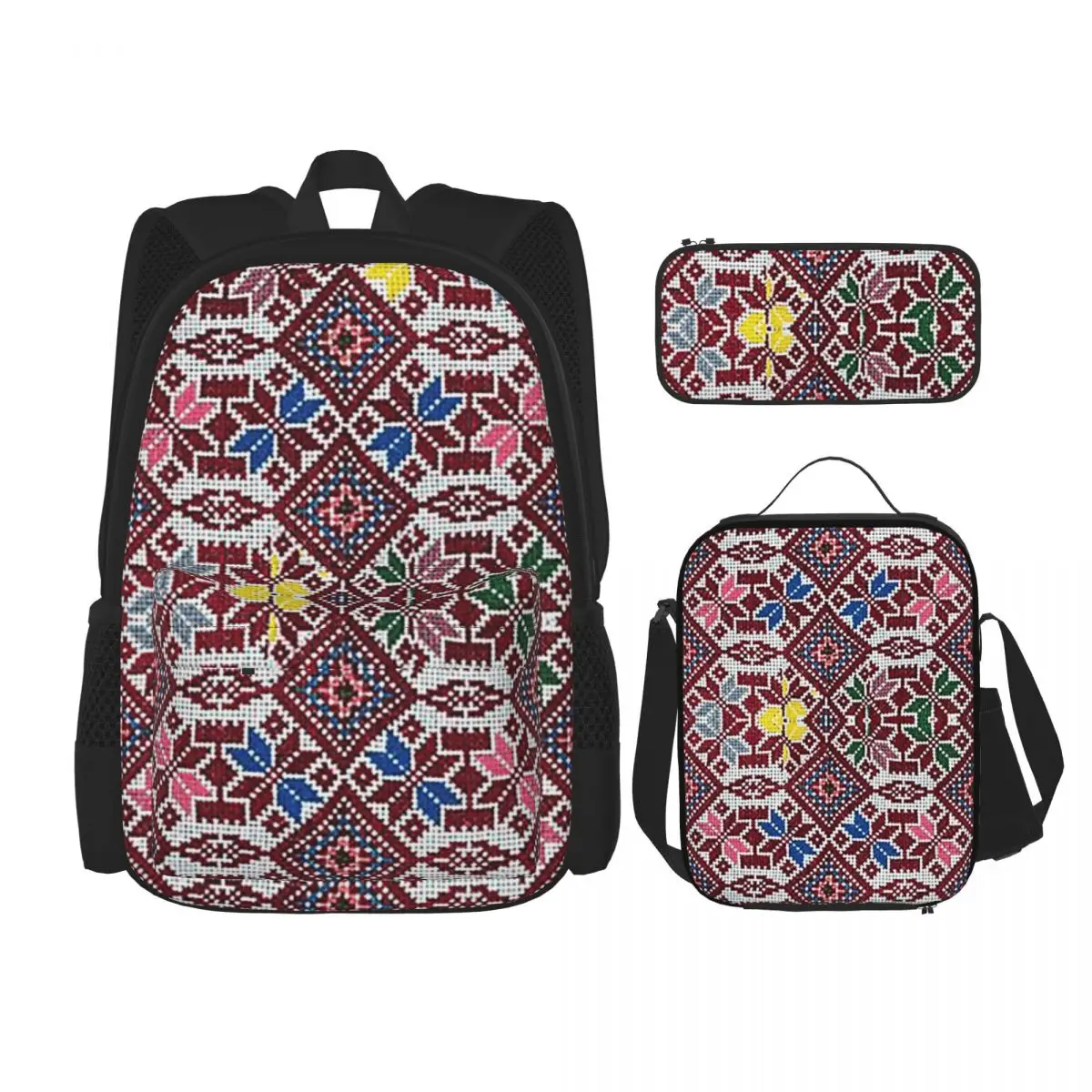 Embroidery The Palestinian Traditional Tatreez Backpacks Kids Bookbag School Bags Rucksack Lunch Bag Pen Bag Three-Piece Set