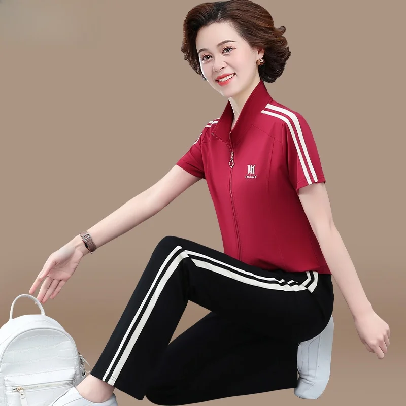 

Loose Ice Silk ort Sve Women's Sportswear Set Summer Faionable Mom Clothes Four Seasons Can Be Worn Two-Piece Suit