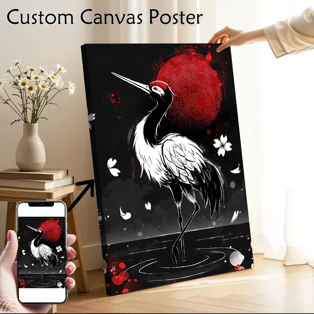 Crane and Red Moon Illustration Canvas Poster Customizable Printed Canvas Painting Wall Art for Fans Bedroom Decoration Pictures
