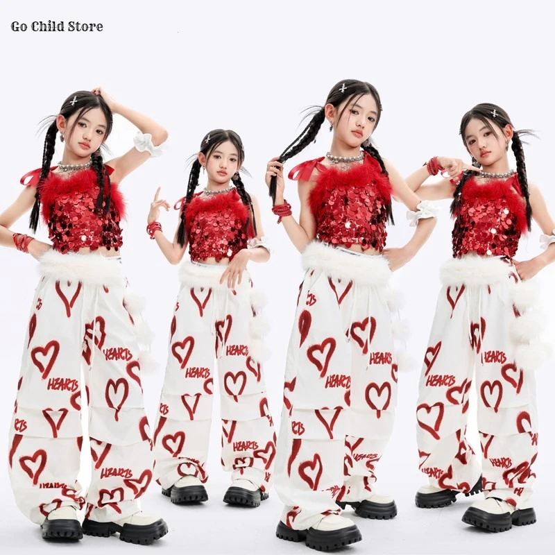 

Girls K-pop Sequin Crop Top Love Street Dance Pants Kids Hip Hop Jazz Clothes Sets Children Streetwear Sweet Girl Group Costume