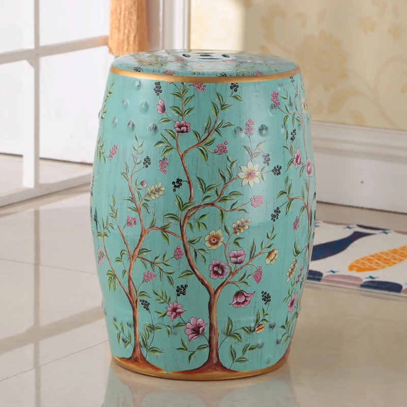 Floral Bird Pattern Multi-Purpose Seat for Vanity & Entryway,New Chinese Style Decorative Ottoman for Bedroom Living Room