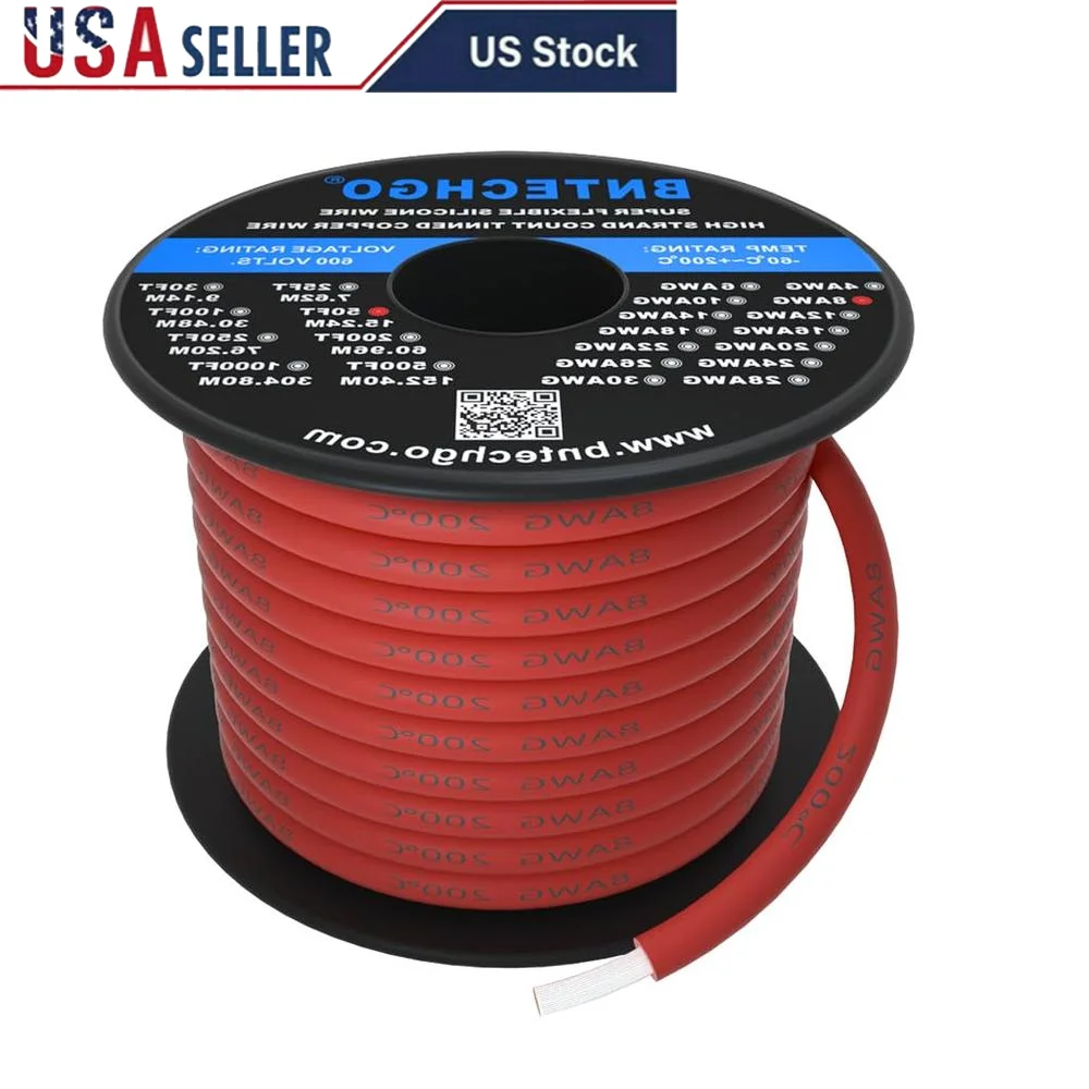 8 Gauge Red Silicone Wire Spool 50ft Flexible Stranded Copper 1650 Strands High Temp Resistance 200°C Low Temp -60°C 600V Model