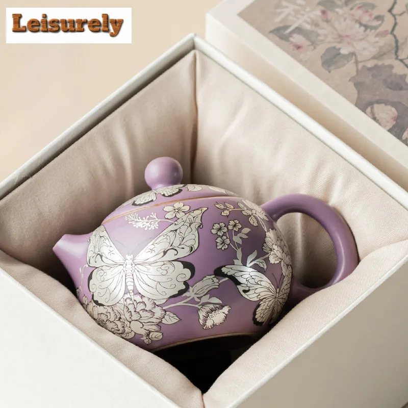 180ML Purple Ru Gilt Silver Butterfly Flower Xishi Teapot Japanese Tea Infuser Pot Tea Maker Kettle With Filter Teaware Craft