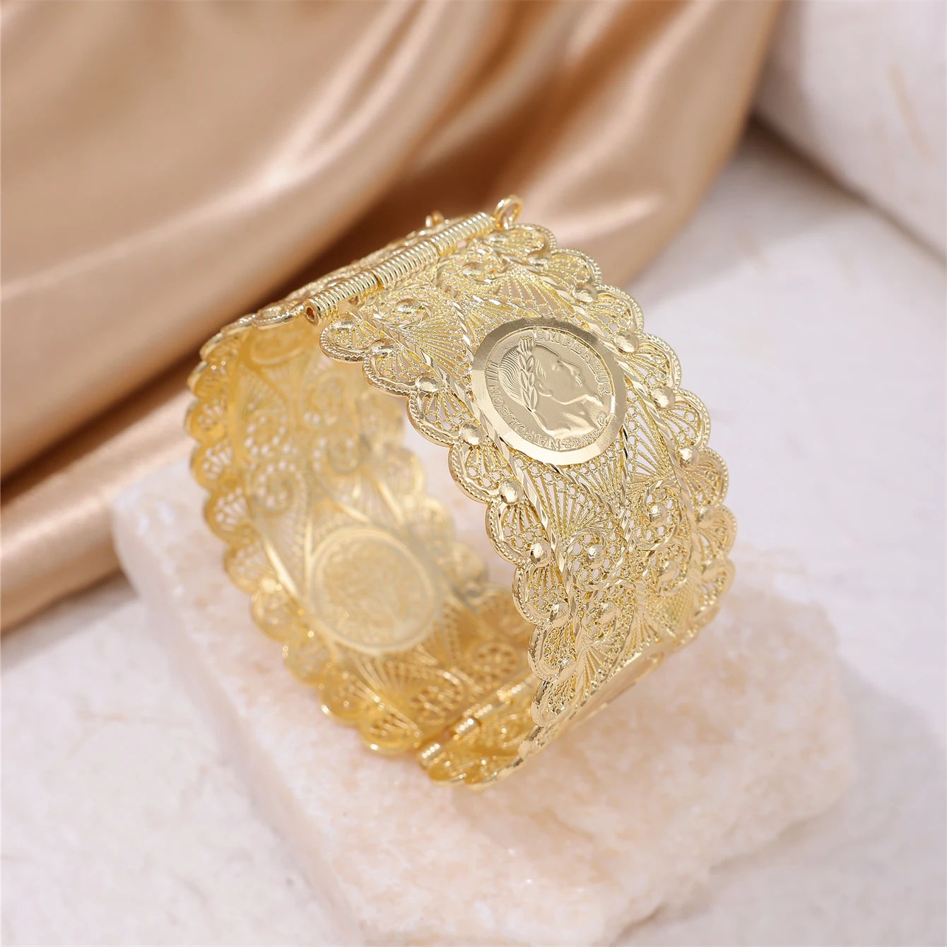 lgerian Jewelry Women Bangle Coin Shape Hollow Bohemia Ethnic Bracelet For Bride Bijoux Hollow Flower Armlet