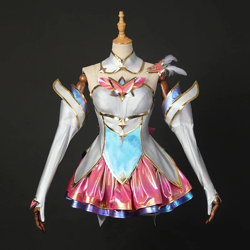 لعبة LOL Star Guardian Kaisa أزياء تنكرية شعر مستعار مجموعة كاملة من التنانير والجوارب وغطاء للرأس من الريش ملحقات حفلات الهالوين