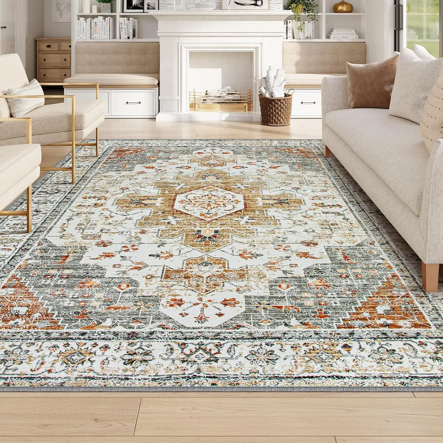 

Ultra-Thin Vintage Area Rug 6X9, Large Living Room Rugs For Bedroom Aesthetic, Washable Carpet For Under Dining Room Table,