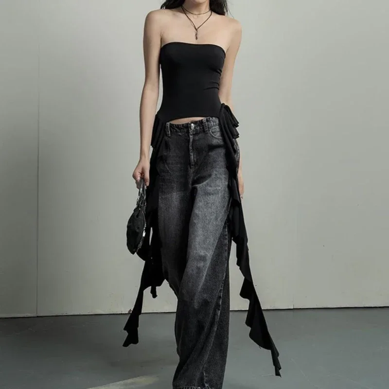 Y2k débardeurs asymétrique frangé haut à volants Streetwear noir sans bretelles femmes vêtements d'été débardeur femmes 2025