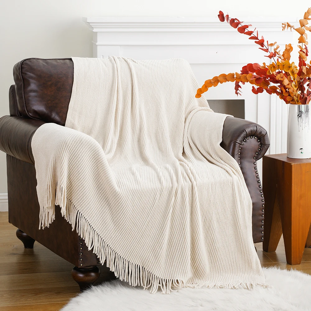 Battilo Chenille Knit Blankets with Tassels Caramel Plaid Throw Blanket for Bed Couch Decorative Sofa Blanket Bedroom Fall Decor