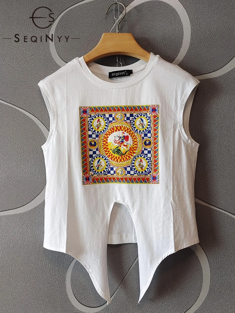 

SEQINYY 100% Cotton Tee Summer Spring New Fashion Design Women Runway Vintage Warrior Print Plaid High Quality White Short Top