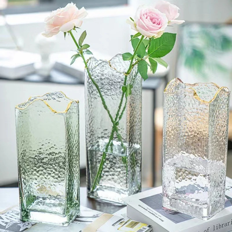 Cold Grain Glass Vase Irregular Square Transparent Water Raised Creative Simple Dried Flower Decoration Living Room