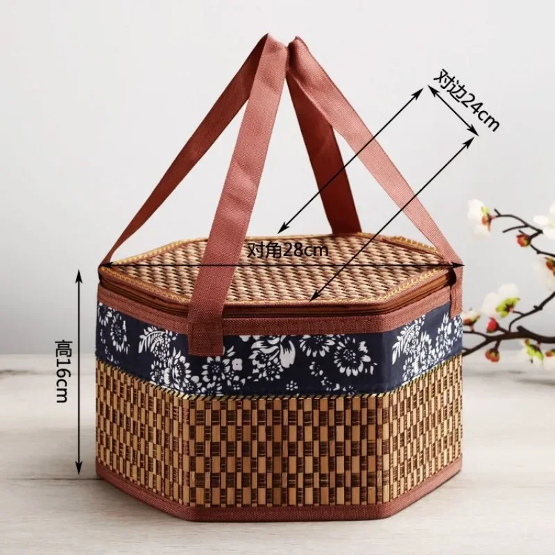 Bamboo Basket Chinese Festival Gift Packing Box Eco-friendly Moon Cake Zongzi Crab Food Bag Foldable Picnic Lunch Bags Hexagon