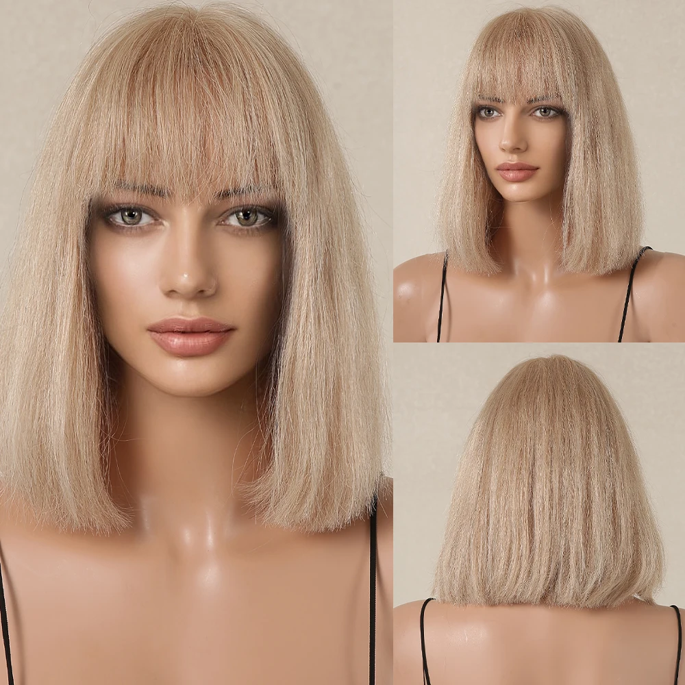 Bob Blonde 100% Remy Human Hairs for Women Natural Straight Short Beige Wigs with Full Bangs Heat Resistant Human Hair Wig Daily