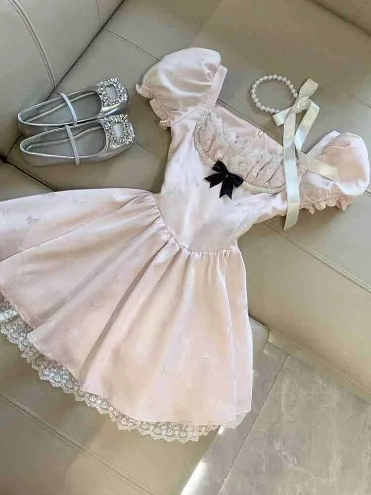 

Korean Sweet Pink Bow Bubble Sleeve Dress Women New Fashion Fit Chic Party Fairy Fluffy Dresses Summer Harajuku Y2k Slim Clothes