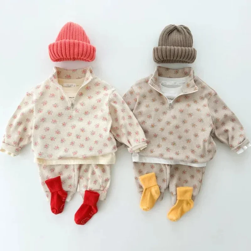 

Infants spring autumn cotton clothes baby girl boy floral printing Korean style sweatshirt trousers baby two piece set tracksuit