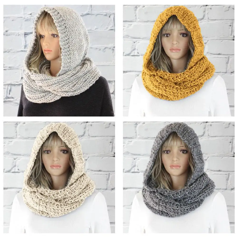 

Женский модный нагрудник с капюшоном, однотонная шерстяная шапка, шарф, повседневная осенне-зимняя однотонная теплая вязаная шапка, накидка на шею