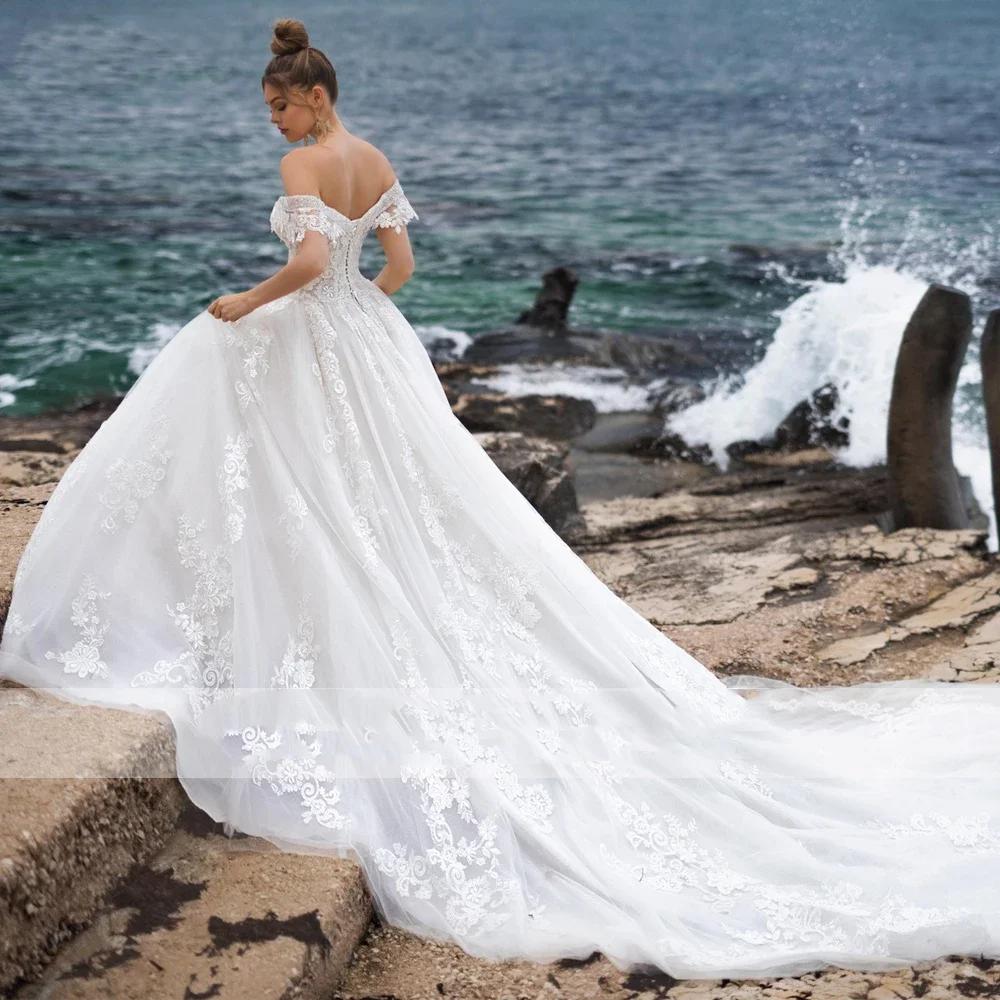 Flavinke Gaun Pengantin Gaun Pesta Bahu Terbuka Kustom Gaun Pengantin Manik-manik Panjang Lantai 2025 dengan Kereta Katedral