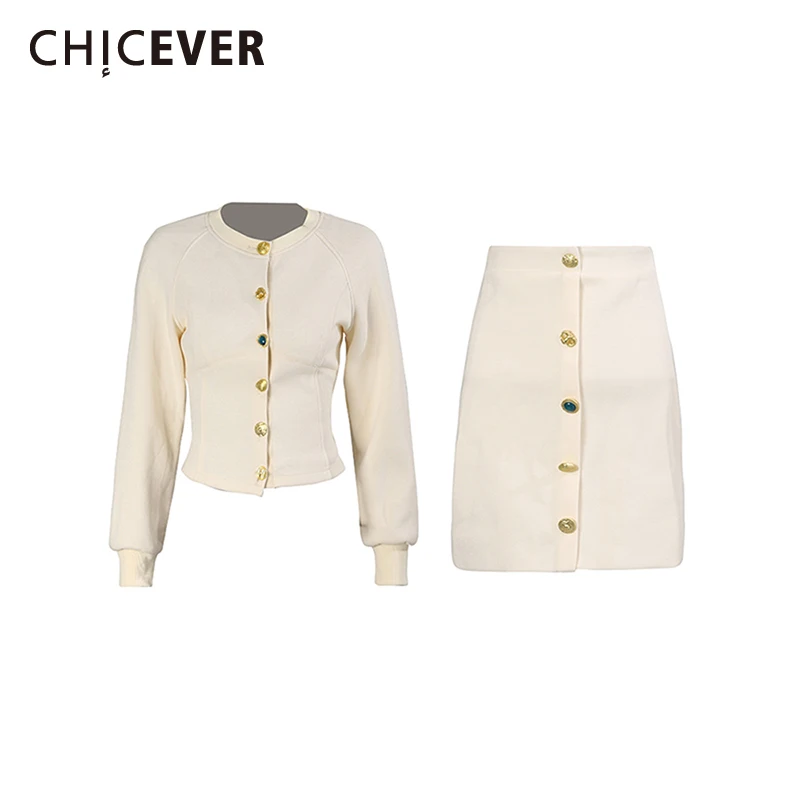

CHICEVER Solid Spliced Single Breasted Two Piece Set Female O Neck Long Sleeve Jacket Loose Elegant Women's Skirt Sets New Style