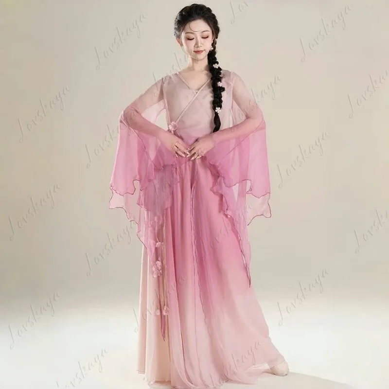 بدلة ممارسة أداء الرقص الكلاسيكي الجديد مع نسيج حريري متدرج متدفق - فستان أداء الرقص الصيني