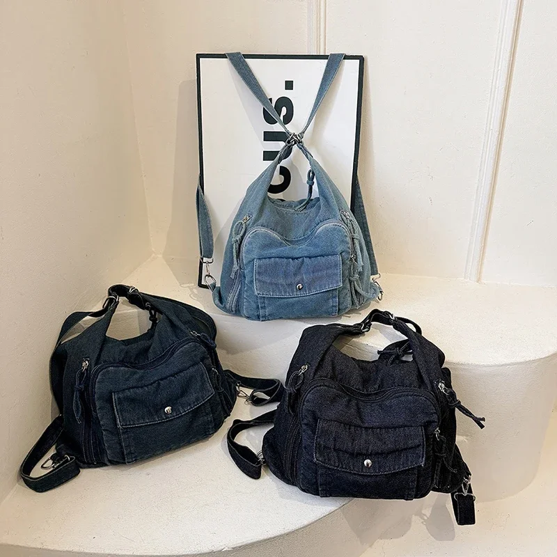 Bolsa de ombro moderna jeans de cor sólida para 2025, alta qualidade, zíper, grande capacidade, versátil, bolsa crossbody feminina