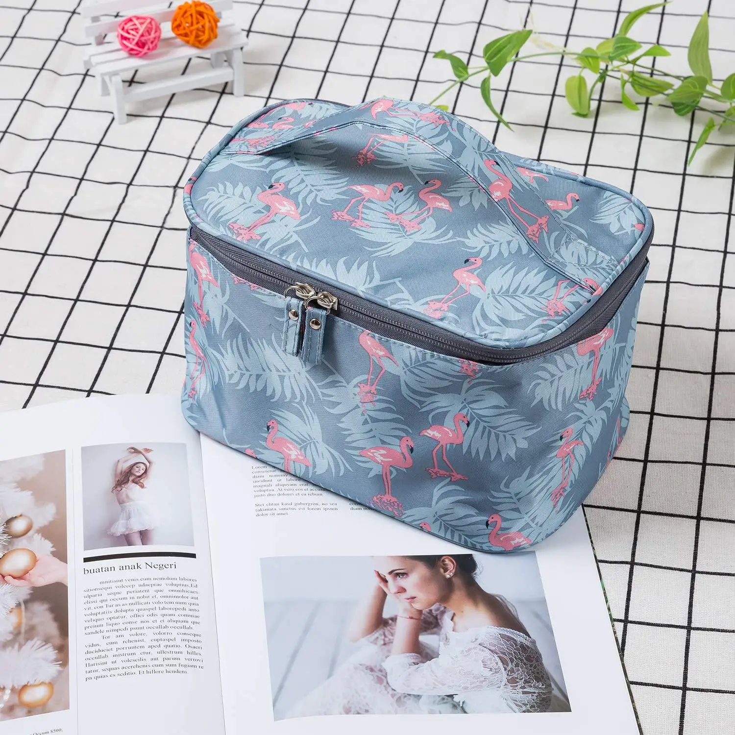 Makeup Bag Portable Cosmetics Makeup Brush Large Capacity Travel Flamingo Double Grey image 2