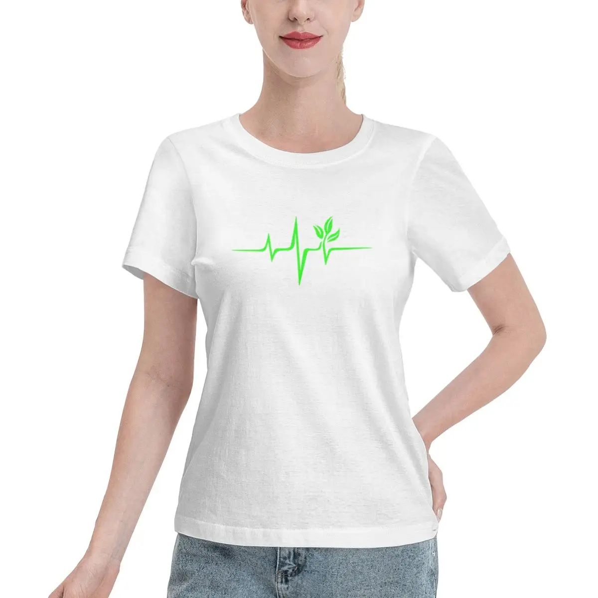 Plus Size Available Heartbeat Pulse Green Vegan Frequency Wave Earth Planet Women's T-shirt Aesthetic Fashion Ladies Shirt