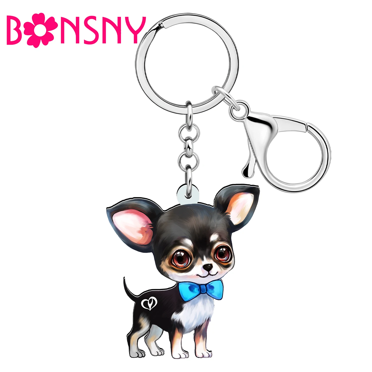 Bonsny Acryl Gentleman Black Chihuahua Puppy Doggy Handtas Auto Sleutelhangers Huisdieren Sleutelhanger Voor Vrouwen Kid Cadeaus