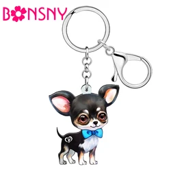 BONSNY Acrylic Gentleman Black Chihuahua Puppy Doggy Purse Car Keychains Pets Key Ring For Women Kid Gifts