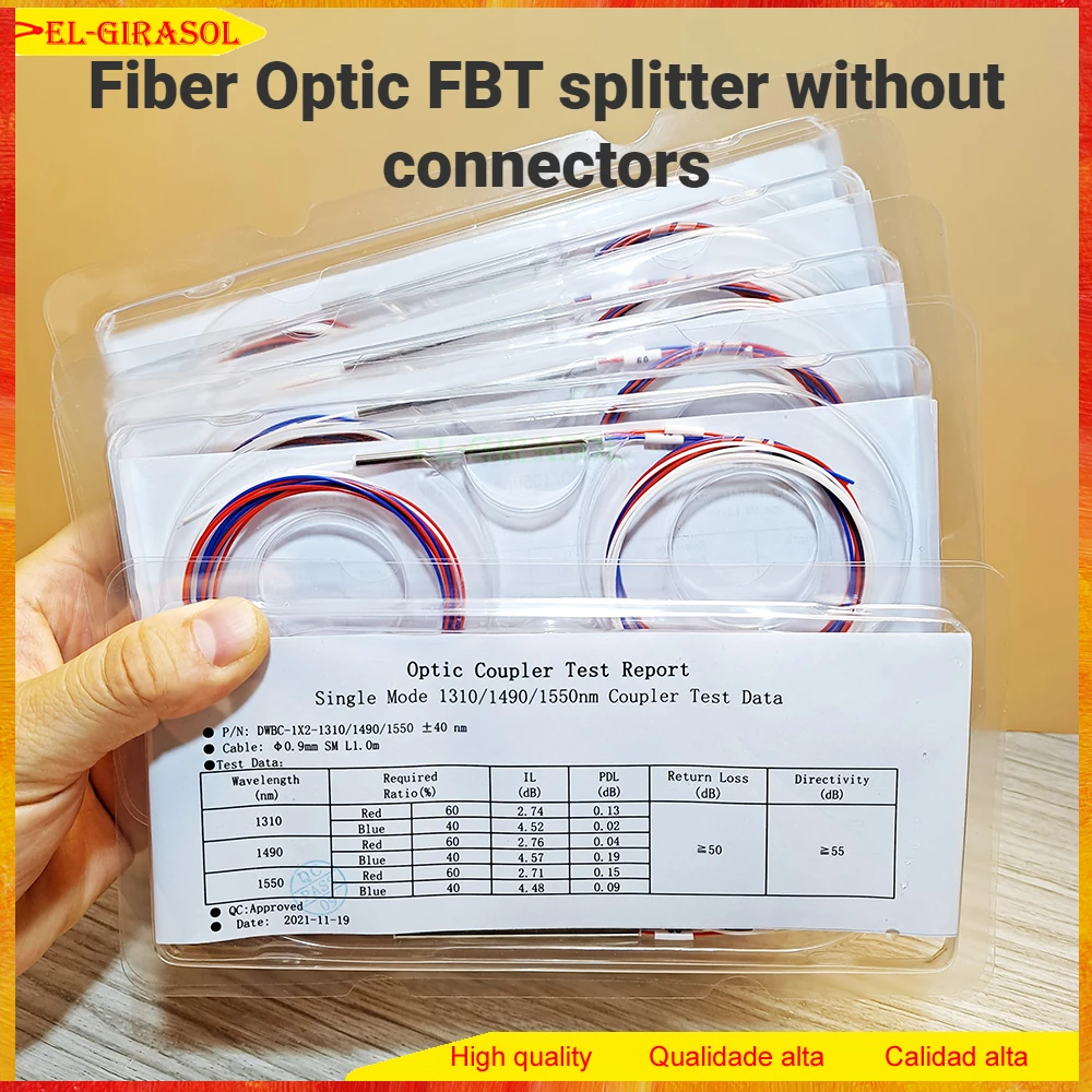 High quality 10pcs  Fiber Optic FBT Splitter Without Connectors 10/90 20/80 30/70 40/60 50/50 Different Types 1x2 0.9mm FTTH