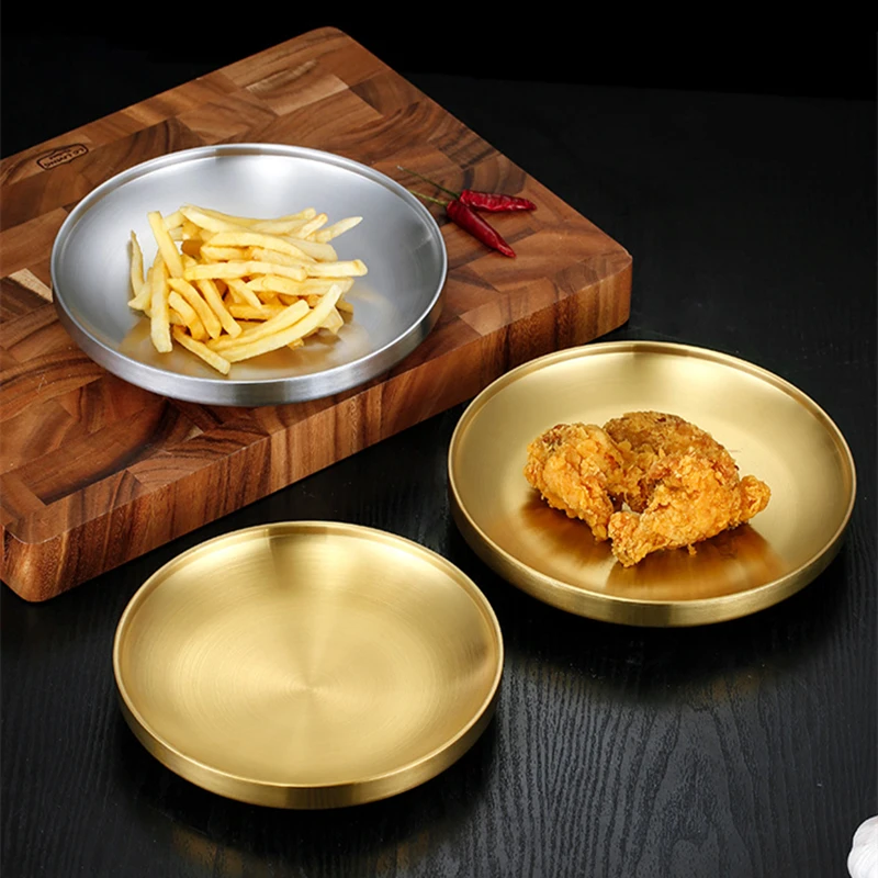 

Stainless Steel Food Dinner Plates Western Steak Round Tray Ramen Cake Pan Double Layer Serving Dishes Hotel Kitchen Tableware