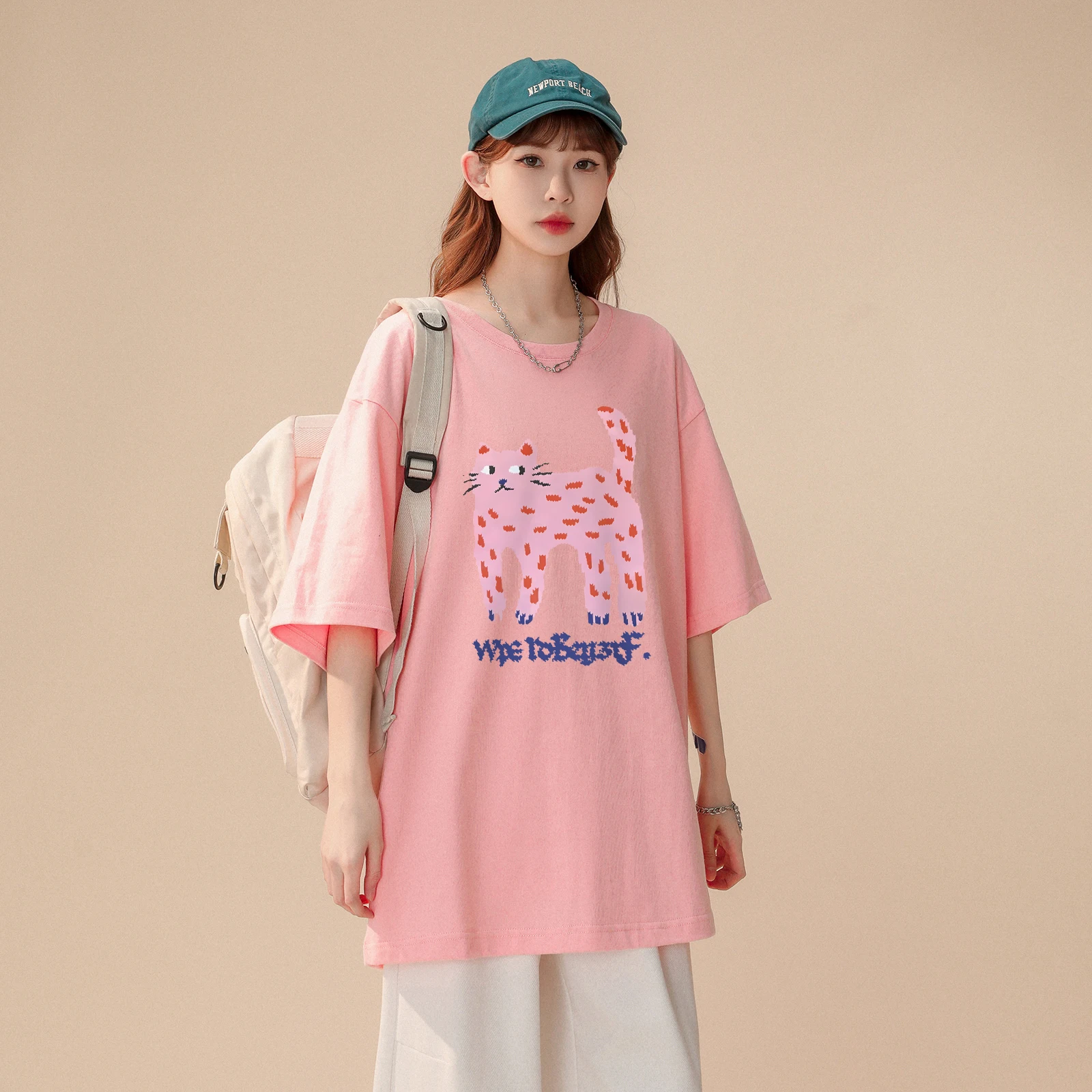 Cute Cat Pink Leopard Printed T Shirts Fashion Street Women Casual T-shirt Pure Cotton Loose O-neck Summer Tee Tops Korean Style