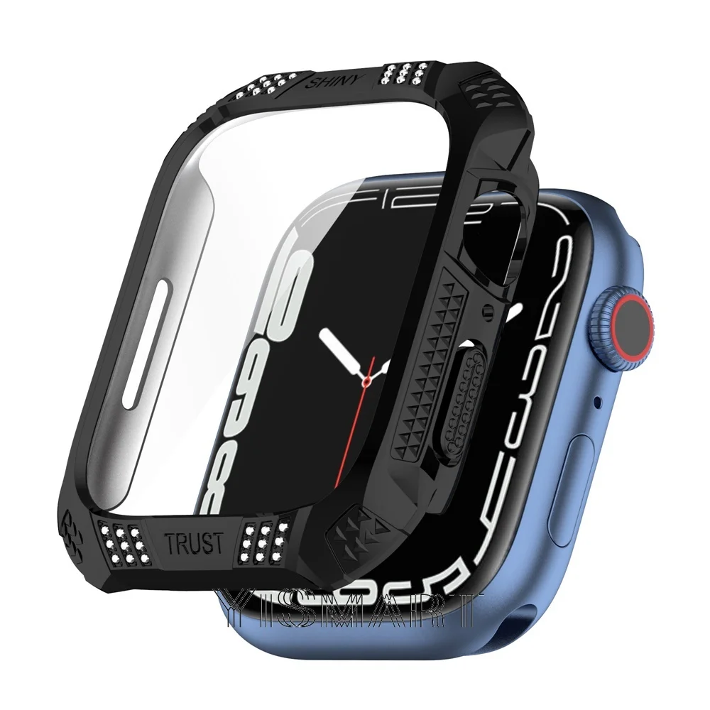 Bling Case for Apple Watch Series 7 45mm 41mm PC+Glass Screen Protector iWatch 7 Diamond Plated Cover Shockproof Bumper
