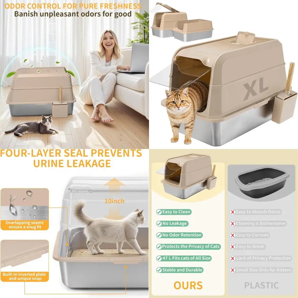 

XL Enclosed Stainless Steel Cat Litter Box with High Sides, Lid, and Scoop for Odor Control and Easy Cleaning (Khaki)
