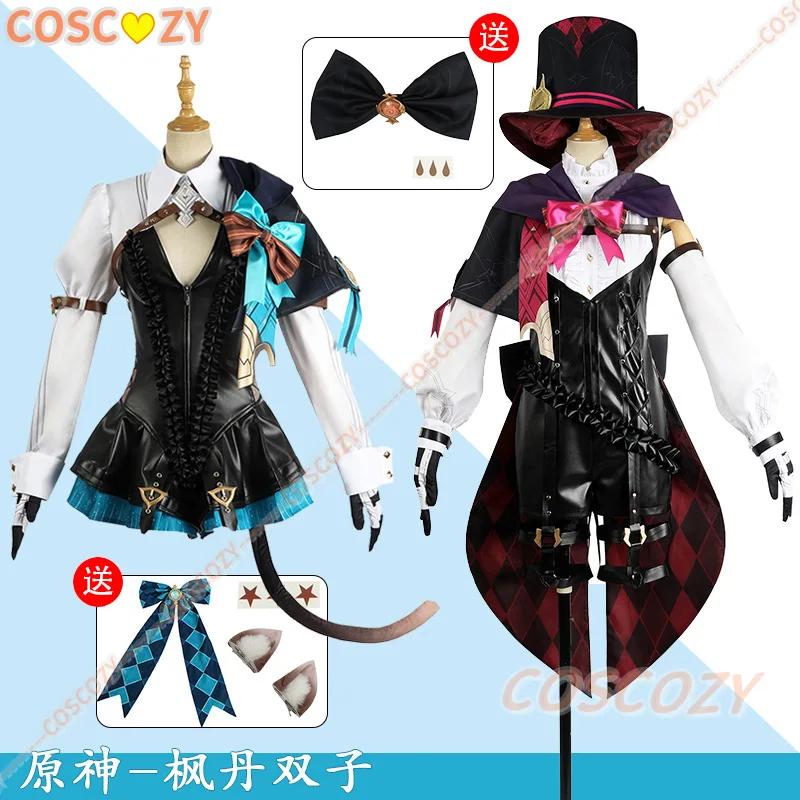 Costume de Cosplay Anime Genshin Impact Lyney, Chapeau Fontaine, Magicien, Uniforme en Cuir, Robe, Cheveux Courts, Jupe, Tenue d'Halloween