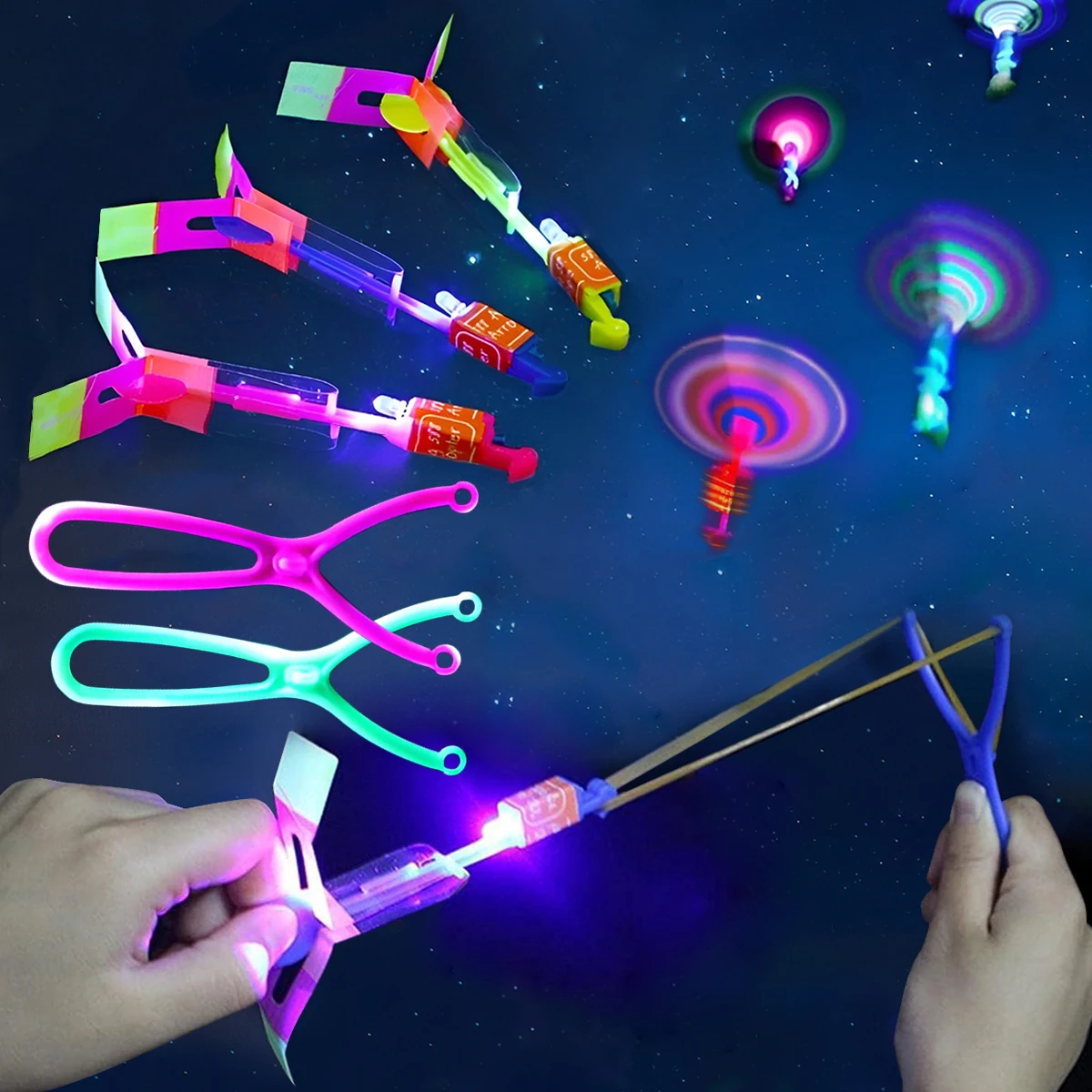 Amazing Light Arrow Rocket Helicopter Flying Toy LED Light Toys Happy Birthday Party Decor Rubber Band Catapult Birthday Gifts