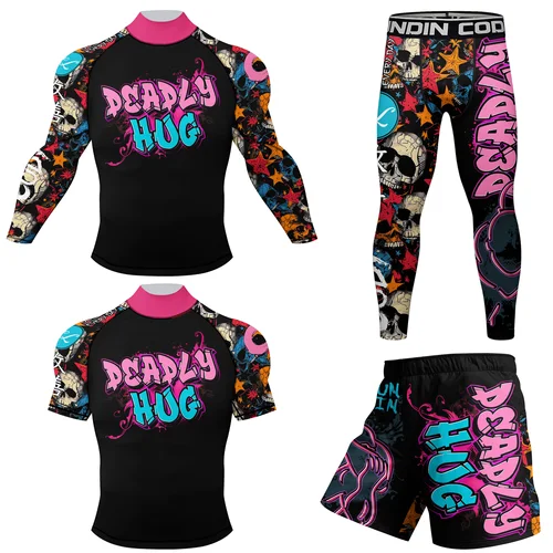 Imagen 2 del producto Cody Lundin, nuevos diseños personalizados, mangas cortas, poliéster, elástico, protectores contra sarpullidos, pantalones cortos, conjuntos MMA BJJ con pretina de goma