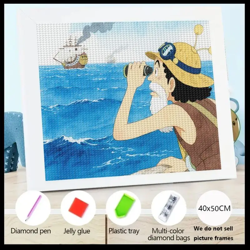 

1PC DIY 5D Full Drill Diamond Painting Kit for Adults & Kids, Anime Style Old Man with Binoculars Watching Ship at Sea Ocean Adv