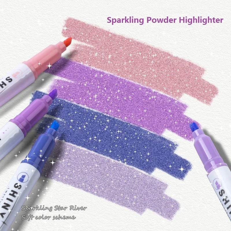 4pcs/Set Sparkling Pink Highlighter Learning Marking Pen Art Drawing Graffiti Pen Hand Account Key Marking Stylo School Office