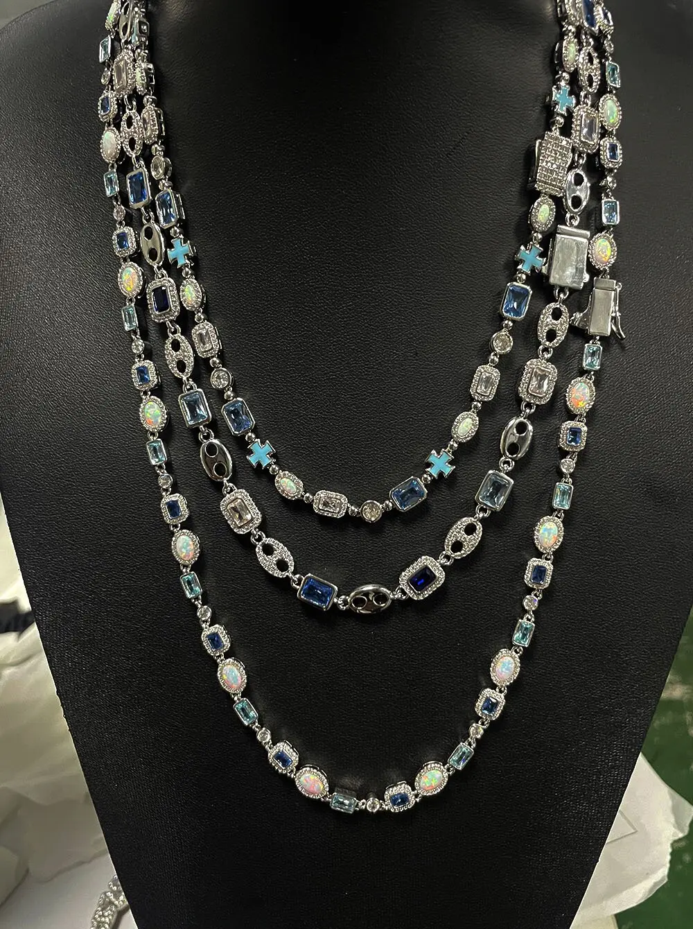 

Hip Hop Necklace Women's High-Quality Accessory Rectangular Blue Zircon Coffee Bean Pig Nose Gold-Plated Silver Plated Chain