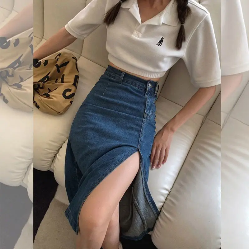 Korean Style High Waist A-Line Midi Skirt Women's Spring Summer New Fashion Denim Split Skirts Elegant Body Contouring Dresses