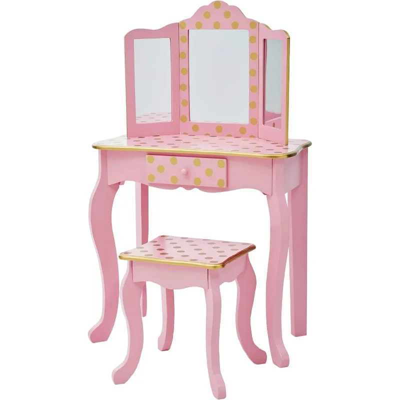 Kids Pretend Play Kids Vanity, Table & Chair Vanity Set with Mirror, Girls Makeup Dressing Table with Storage Drawer & Dot Print